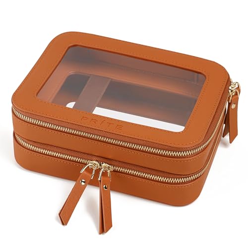 Prite Große Transparent Kosmetiktasche Doppelschichtig Make Up Tasche Damen Reise wasserdichte Kulturbeutel Autozubehör und Auto Organizer mit Doppelreißverschlüss und Fächern (Braun) von Prite