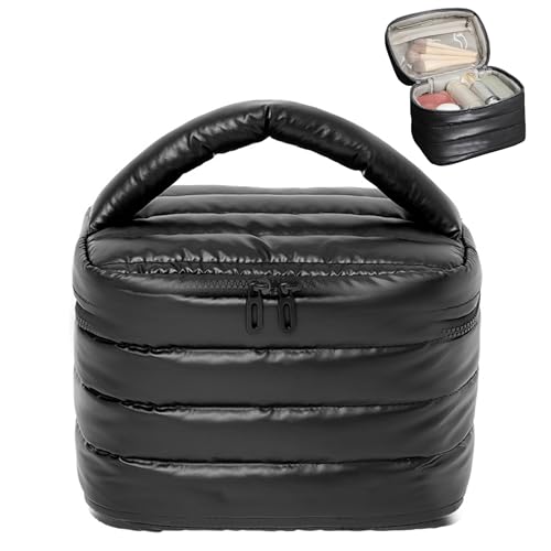Prite Kosmetiktasche Tragbare Kulturtasche Damen Steppgepolsterte Make Up Tasche Leicht Reise Kulturbeutel (Schwarz) von Prite