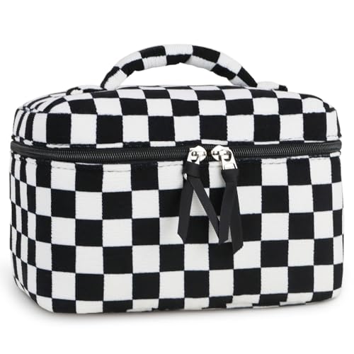 Prite Niedliche Cord Kosmetiktasche Aesthetic Floral Kulturtasche Reise Kulturbeutel oder Make Up Tasche für Damen und Mädchen (Dunkles Schachbrett) von Prite