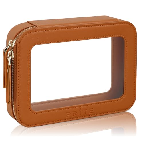Prite Transparent Kosmetiktasche Durchsichtig Kulturtasche Damen Make Up Tasche Reise wasserdichte Kulturbeutel Auto Organizer mit Goldenem Doppelreißverschlüss (Braun) von Prite