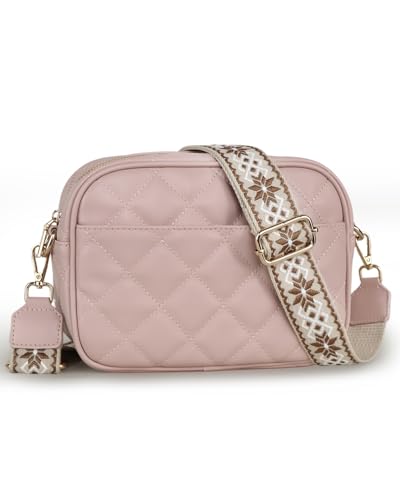 Prite Umhängetasche Damen PU Leder Handtasche mit 3 Kartenfächer Crossbody Bag mit Breitem Verstellbarer Schultergurt Gesteppt Handytasche für Alltag Einkaufen Reisen (Rosa) von Prite