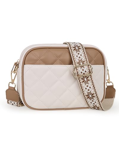 Prite Umhängetasche Damen PU Leder Handtasche mit 3 Kartenfächer Crossbody Bag mit Breitem Verstellbarer Schultergurt Gesteppt Handytasche für Alltag Einkaufen Reisen (Beige-Braun) von Prite