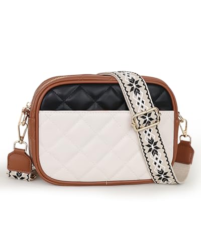 Prite Umhängetasche Damen PU Leder Handtasche mit 3 Kartenfächer Crossbody Bag mit Breitem Verstellbarer Schultergurt Gesteppt Handytasche für Alltag Einkaufen Reisen (Braun-Beige-Schwarz) von Prite