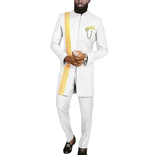 Afrikanische Kleidung für Männer, Slim Fit Stickerei Blazer und Hose Set Dashiki Outfits Jacke Kette Halstuch, Weiß, L von Private Customized