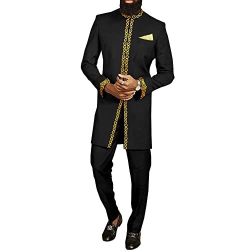 Afrikanischer Anzug für Herren Jacke und Hose 2-teiliges Set Dashiki Blazer mit Kopftuch Bazin Riche Kaftan Hochzeit Abend, Schwarz Gold, XL von Private Customized
