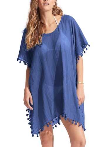 Prizmxed Strandkleider Damen Sommer Quastendekoration Strandkleid Damen Luftig Bikini Cover up Geeignet für Urlaub (DE/NL/SE/PL, Alphanumerisch, Einheitsgröße, Große Größen, Kurz, Marineblau) von Prizmxed