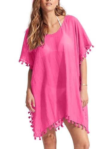 Prizmxed Strandkleider Damen Sommer Quastendekoration Strandkleid Damen Luftig Bikini Cover up Geeignet für Urlaub (DE/NL/SE/PL, Alphanumerisch, Einheitsgröße, Große Größen, Kurz, Rosa) von Prizmxed