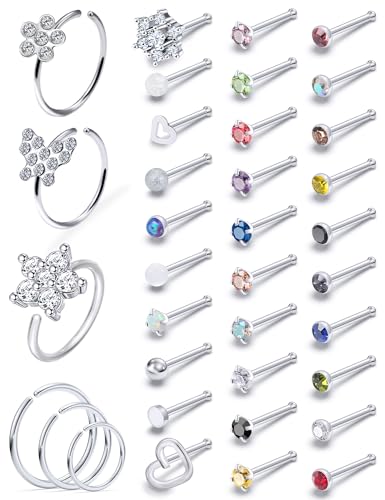 Prjndjw 38 Stück 20 g Chirurgenstahl Nasenstecker Set – Herz dunkel glänzend Opal CZ Blume Schmuck für Frauen – 38 Stück 6,5 mm gerade abgewinkelt L-Form, Edelstahl, Quadratischer Zirkonia von Prjndjw