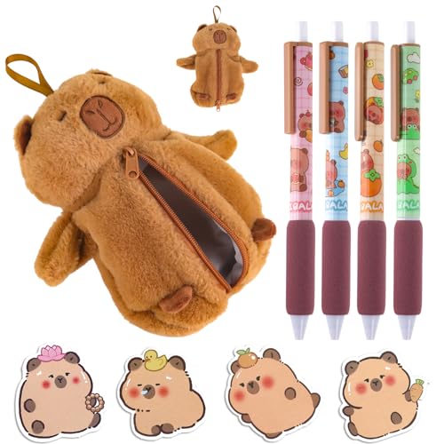 Prmape Capybara Federmäppchen Plüsch, Niedliches Plüsch Bleistifttasche Set, 3D ﻿Federtasche für Schreibwaren mit Reißverschluss, mit 4 Gelstifte & 4 Notizaufkleber, Geschenk für Mädchen Jungen von Prmape