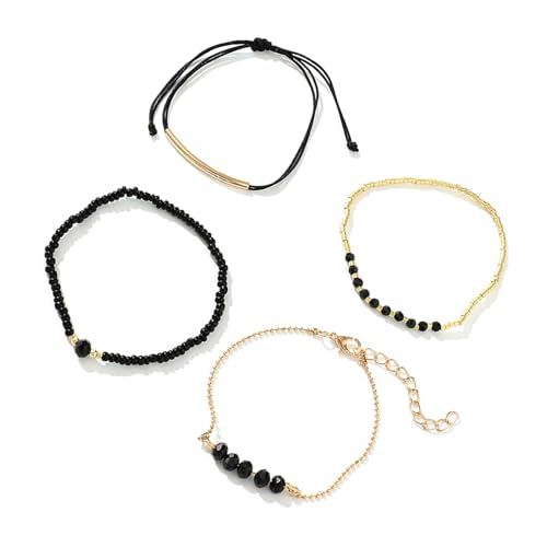 Prmaylis Schwarze Imitation Kristallperlen Armband Set Elegant Perlen Handchain Verstellbare Armbandzubehör Für Frauen Mädchen von Prmaylis