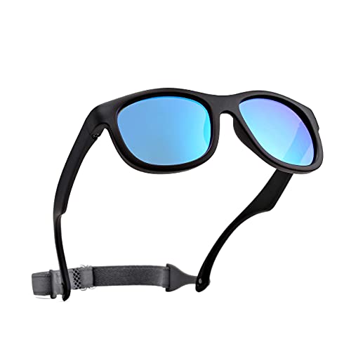 Pro Acme Unzerbrechliche Polarisierte Baby-Sonnenbrille Flexible Kleinkind-Sonnenbrüche mit Gurt Weichem Silikonrahmen für 0-24 Monate (Schwarz Rahmen | Blau Verspiegelt Linse) von Pro Acme