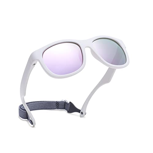 Pro Acme Unzerbrechliche Polarisierte Baby-Sonnenbrille Flexible Kleinkind-Sonnenbrüche mit Gurt Weichem Silikonrahmen für 0-24 Monate (Weiß Rahmen | Lila Verspiegelt Linse) von Pro Acme