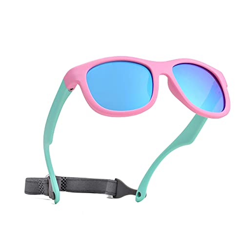 Pro Acme Unzerbrechliche Polarisierte Baby-Sonnenbrille Flexible Kleinkind-Sonnenbrüche mit Gurt Weichem Silikonrahmen für 0-24 Monate (Rosa Blau Rahmen | Blau Verspiegelt Linse) von Pro Acme