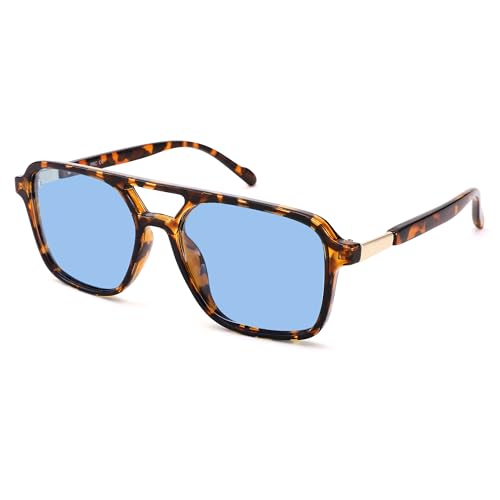 Pro Acme Vintage polarisiert Pilot Sonnenbrille für Frauen Männer, Mode Rechteck 70er Jahre flache Retro-Sonnenbrille Quadrat Sonnenbrille(Leopard|Blau) von Pro Acme