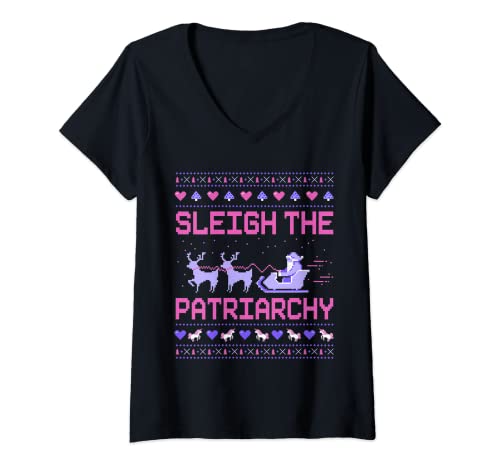 Damen Schlitten The Patriarchy Feminist Feminism Meme Ugly Christmas T-Shirt mit V-Ausschnitt Damen Schlitten The Patriarchy Feminist Feminism Meme Ugly Christmas T-Shirt mit V-Ausschnitt von Pro Choice Feminist Ugly Christmas Sweater Shirt N