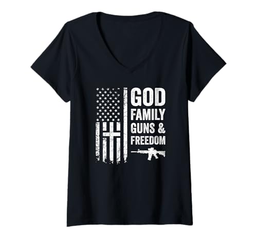 Damen GOD Family Guns & Freedom – Pro God Pro Gun USA Cross Flagge T-Shirt mit V-Ausschnitt von Pro Gun Christian USA Apparel