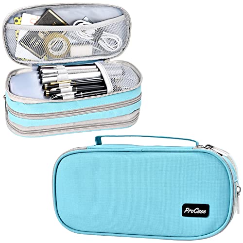 ProCase Federmäppchen 3 Schicht Schlamperetui für Schreibwaren,Groß Kapazität BleiStifthalter Mäpchen Tasche Etui mit Handschlaufe Reißverschluss für Schüler Student Büroarbeiter -Zyan von ProCase