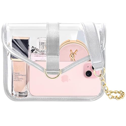 ProCase Transparente Umhängetasche Damen Durchsichtige Handtasche Stadion-zugelassen Clear Crossbody Börse Wasserdichte Tasche mit Magnetverschluss Verstellbarem Schultergurt Handytasche- Silber von ProCase