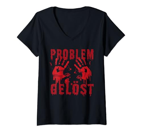 Damen Problem Gelöst Halloween Party Kostüm Blood Blut Verschmiert T-Shirt mit V-Ausschnitt von Problem Gelöst Problem Solved Sarkasmus Ironie