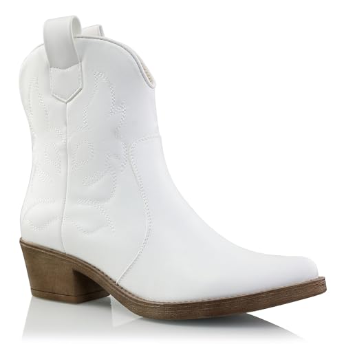 Procity Damen Cowboy Boots Bikerboot Westernstiefel Cowboy Stiefelette für Damen mit dem Blockabsatz White 38 von Procity