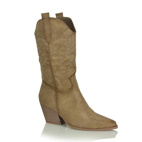 Procity Damen Cowboy Stiefel Westernstiefel für Damen Bikerboot mit dem Blockabsatz Khaki 39 von Procity