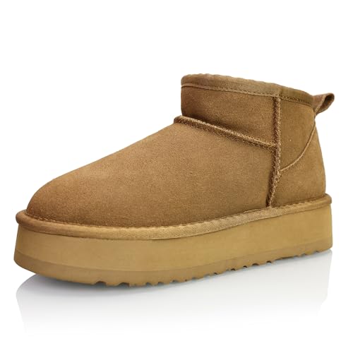 Procity Damen Echt Leder Classic Mini Platform Boots Stiefeletten Warm Gefüttert Plateau Boots mit der Profilsohle Camel 38 von Procity