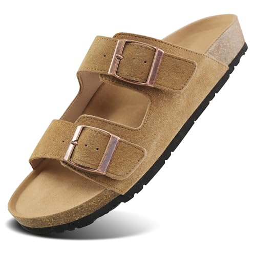 Procity Damen Herren Pantoffel Echtleder Hausschuhe Clogs mit Kork-Fußbett und 2 verstellbaren Riemen K Camel 37 von Procity