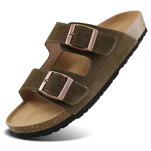 Procity Damen Herren Pantoffel Echtleder Hausschuhe Clogs mit Kork-Fußbett und 2 verstellbaren Riemen K Green 40 von Procity