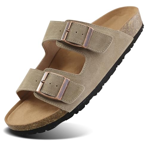 Procity Damen Herren Pantoffel Echtleder Hausschuhe Clogs mit Kork-Fußbett und 2 verstellbaren Riemen K Light Khaki 39 von Procity