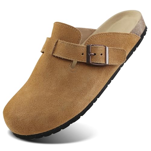 Procity Damen Herren Pantoffel Gartenschuhe Echtleder Clogs geschlossene Hausschuhe mit Kork-Fußbett Sommer Latschen L Camel 40 von Procity