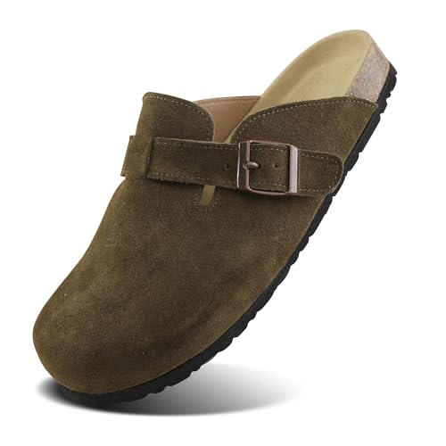 Procity Damen Herren Pantoffel Gartenschuhe Echtleder Clogs geschlossene Hausschuhe mit Kork-Fußbett Sommer Latschen L Green 39 von Procity