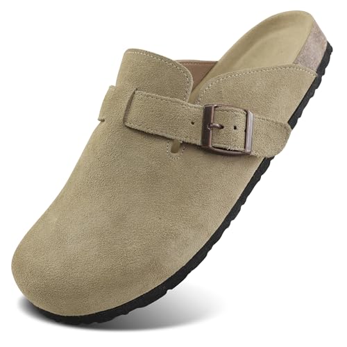 Procity Damen Herren Pantoffel Gartenschuhe Echtleder Clogs geschlossene Hausschuhe mit Kork-Fußbett Sommer Latschen L Khaki 44 von Procity