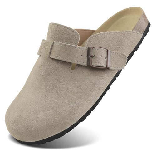 Procity Damen Herren Pantoffel Gartenschuhe Echtleder Clogs geschlossene Hausschuhe mit Kork-Fußbett Sommer Latschen L Light Khaki 37 von Procity