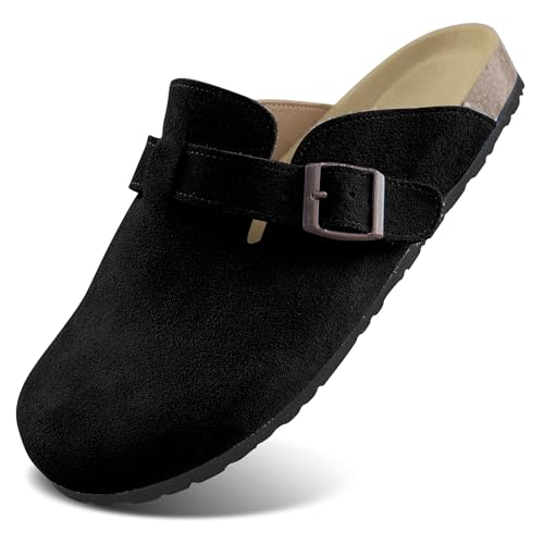 Procity Damen Herren Pantoffel Gartenschuhe Echtleder Clogs geschlossene Hausschuhe mit Kork-Fußbett Sommer Latschen Midnight 44 von Procity