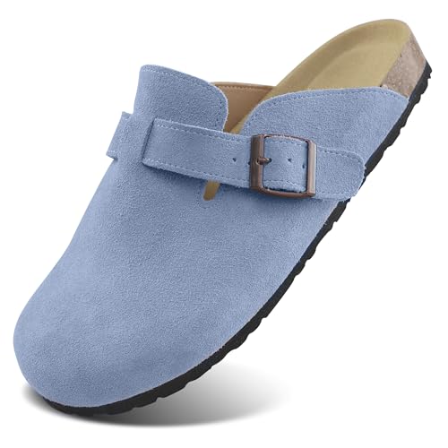 Procity Damen Herren Pantoffel Gartenschuhe Echtleder Clogs geschlossene Hausschuhe mit Kork-Fußbett Sommer Latschen Sky Blue 40 von Procity