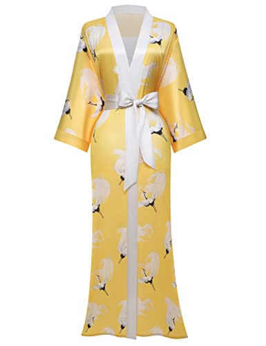 PRODESIGN Lange Kimono Robe Satin Nachtwäsche Phoenix Handgedruckt Seidige Kimono Nachthemd Bademantel Kimono Bluse Cardigan, Kran - Gelb, Einheitsgröße von Prodesign