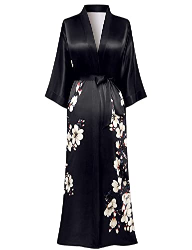 PRODESIGN Langer Kimono-Bademantel, Satin, Nachtwäsche, Farbverlauf, Aquarell, seidig, Kimono-Nachthemd, Bademantel, Kimono-Bluse, Strickjacke, Mangnolia – Schwarz, Einheitsgröße von Prodesign