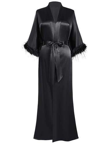 Prodesign Damen Morgenmantel Lang Satin Bademantel Kimono Robe Negligee 3/4 Feder-Ärmel Loungewear Schlafmantel Damen Nachtwäsche von PRODESIGN