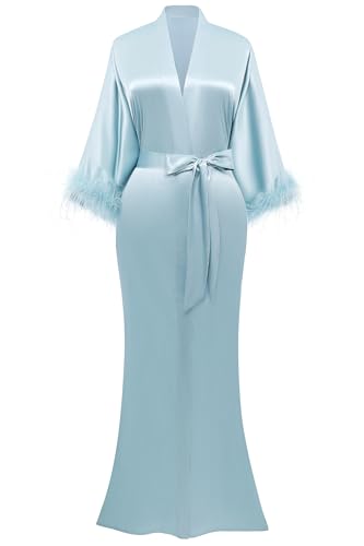 PRODESIGN Damen Morgenmantel Lang Satin Bademantel Kimono Robe Negligee 3/4 Feder-Ärmel Loungewear Schlafmantel Damen Nachtwäsche von PRODESIGN