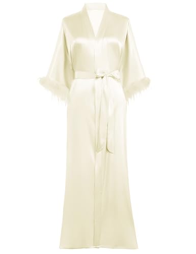 Prodesign Damen Morgenmantel Lang Satin Bademantel Kimono Robe Negligee 3/4 Feder-Ärmel Loungewear Schlafmantel Damen Nachtwäsche von PRODESIGN