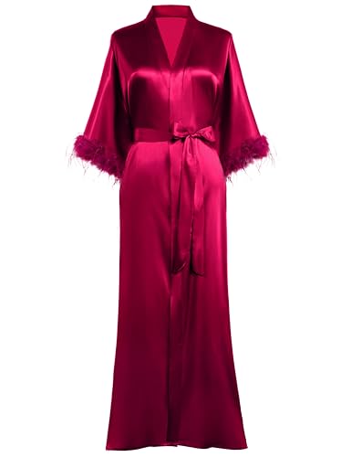 PRODESIGN Damen Morgenmantel Lang Satin Bademantel Kimono Robe Negligee 3/4 Feder-Ärmel Loungewear Schlafmantel Damen Nachtwäsche von PRODESIGN