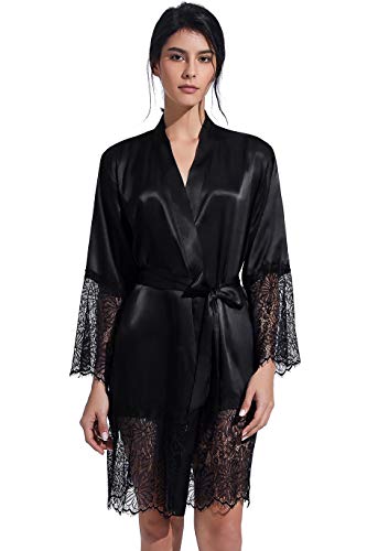 Prodesign Damen Satin Morgenmantel Spitze dünner Bademantel Sexy Kimono Robe mit Gürtel Brautjungfer Nachthemd für Braut von Prodesign