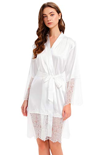 Prodesign Damen Satin Morgenmantel Spitze dünner Bademantel Sexy Kimono Robe mit Gürtel Brautjungfer Nachthemd für Braut von Prodesign