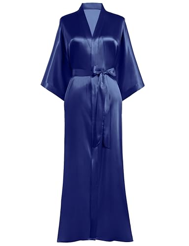 PRODESIGN Morgenmantel Damen Bademantel Satin Kimono Lang mit Gürtel Einfarbig Nachtwäsche Leicht Schlafmantel Tiefblau von PRODESIGN