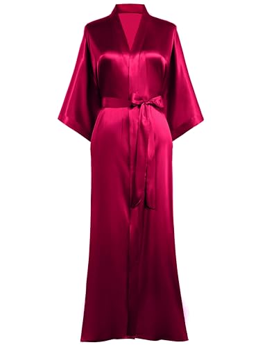 Prodesign Morgenmantel Damen Bademantel Satin Kimono Lang mit Gürtel Einfarbig Nachtwäsche Leicht Schlafmantel Rot von PRODESIGN