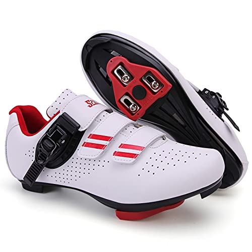 Prodkfe Damen & Herren-Radsportschuhe MTB-Schuhe Fahrradschuhe Schnalle Atmungsaktiv Stollen Kompatible SPD/SPD-SL für Indoor Outdoor Riding Racing A Weiß/Rot 39EU von Prodkfe