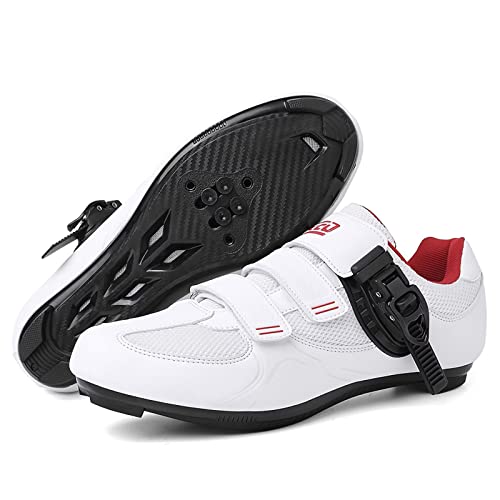 Prodkfe Damen & Herren-Radsportschuhe MTB-Schuhe Fahrradschuhe Schnalle Atmungsaktiv Stollen Kompatible SPD/SPD-SL für Indoor Outdoor Riding Racing B Weiß/Rot 38EU von Prodkfe