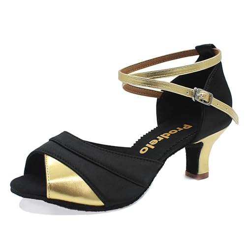 Prodrelo Lateinamerikanische Salsa-Tanzschuhe für Damen, schwarzer Satin, Ballsaal-Absätze, Kreuzriemen, professionelle Übungsschuhe, Schwarze Wildleder-Laufsohle, 37 EU von Prodrelo