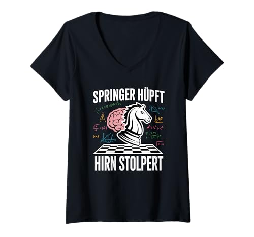 Damen Schach Schachfiguren Springer Hüpft Hirn Stolpert Mathematik T-Shirt mit V-Ausschnitt von Professionelle Schachspieler Grafik Schachclub