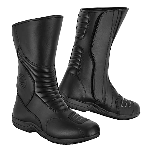 Herren-Motorradstiefel, Touring, wasserdichte Lederschuhe, gepanzerter Schutz, rutschfeste Reitstiefel – CE-geprüft (EN: 13634) (Schwarz, EU Schuhgrößensystem, Erwachsene, Numerisch, M, 43) von Profirst Global